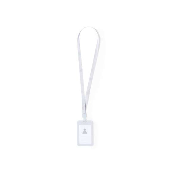 Identificador lanyard fabricado en suave poliéster. Portatarjetas con ventanilla de PVC y mosquetón en resistente plástico. Disponible en variada gama de colores.