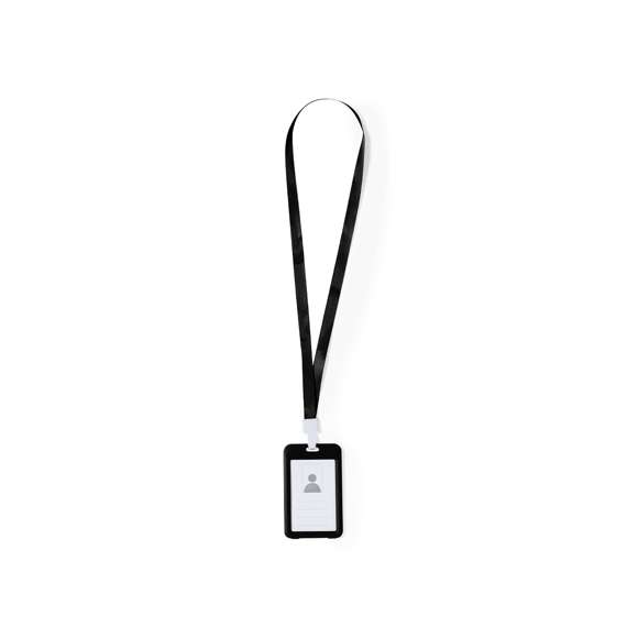 Identificador lanyard fabricado en suave poliéster. Portatarjetas con ventanilla de PVC y mosquetón en resistente plástico. Disponible en variada gama de colores.