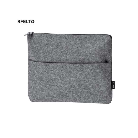 Funda para ordenador portátil fabricada en fieltro RPET. Bolsillo principal acolchado con cierre de cremallera, para portátiles de hasta 15 pulgadas, y bolsillo frontal para objetos más pequeños. Logotipo RPET en etiqueta. El fieltro RPET es fruto de la combinación del proceso de reciclaje de materiales plásticos junto con la técnica milenaria de fabricación del fieltro, dando como resultado un material de eco-tendencia que, además de ser de origen reciclado, también se convierte en reciclable.