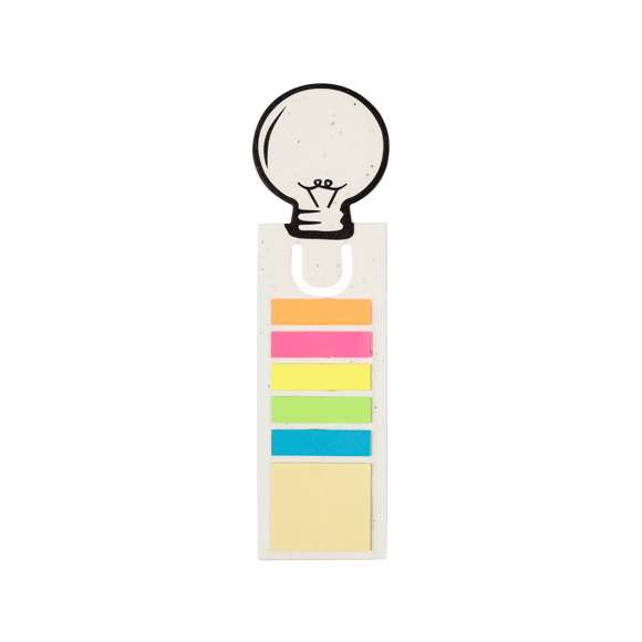 Original marcapáginas fabricado en papel con semillas, con un diseño distintivo de bombilla en la parte superior. Además, cuenta con notas adhesivas en diversas formas y colores: 15 notas adhesivas de 4x4,5 cm en tono amarillo y 75 mininotas de 1,2x4,5 cm en cinco colores diferentes. El papel incluye semillas de petunia, convirtiéndolo en papel plantable al final de su vida útil. Incluye instrucciones de plantado en la cubierta trasera y se presenta en una bolsa individual de papel reciclado.