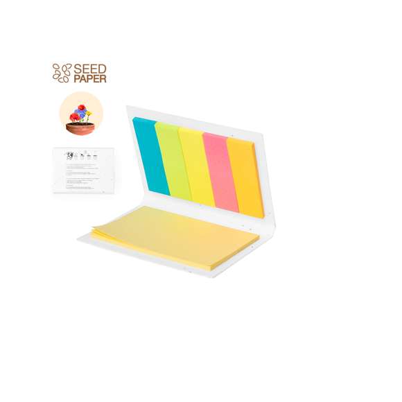 Bloc de notas con cubiertas fabricadas en papel semilla. En su interior, cuenta con 25 notas adhesivas medianas y 125 mininotas adhesivas en varios colores. La cubierta incluye semillas de petunia, convirtiéndolo en papel plantable al final de su vida útil. Incluye instrucciones de plantado en la cubierta trasera y se presenta en una bolsa individual de papel reciclado.