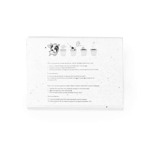 Bloc de notas con cubiertas fabricadas en papel semilla. En su interior, cuenta con 25 notas adhesivas medianas y 125 mininotas adhesivas en varios colores. La cubierta incluye semillas de petunia, convirtiéndolo en papel plantable al final de su vida útil. Incluye instrucciones de plantado en la cubierta trasera y se presenta en una bolsa individual de papel reciclado.