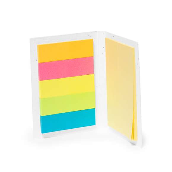 Bloc de notas con cubiertas fabricadas en papel semilla. En su interior, cuenta con 25 notas adhesivas medianas y 125 mininotas adhesivas en varios colores. La cubierta incluye semillas de petunia, convirtiéndolo en papel plantable al final de su vida útil. Incluye instrucciones de plantado en la cubierta trasera y se presenta en una bolsa individual de papel reciclado.