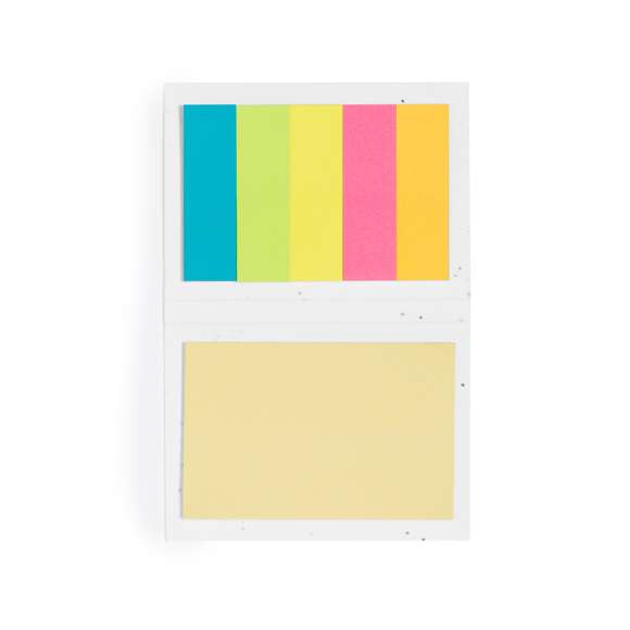 Bloc de notas con cubiertas fabricadas en papel semilla. En su interior, cuenta con 25 notas adhesivas medianas y 125 mininotas adhesivas en varios colores. La cubierta incluye semillas de petunia, convirtiéndolo en papel plantable al final de su vida útil. Incluye instrucciones de plantado en la cubierta trasera y se presenta en una bolsa individual de papel reciclado.