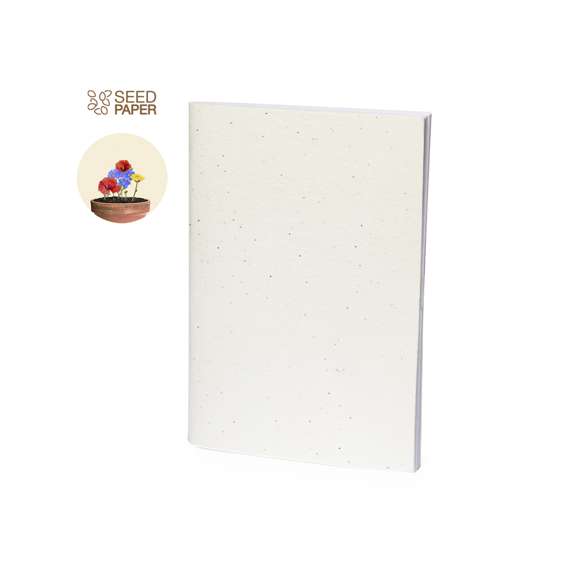 Libreta de tapas blandas con portada y contraportada fabricadas en papel de semillas. Con 60 hojas interiores en color blanco lisas. incluye semillas de petunia en ambas cubiertas, convirtiéndolo así en papel plantable al final de su vida útil. Con instrucciones de plantado y presentado en bolsa individual de papel reciclado.