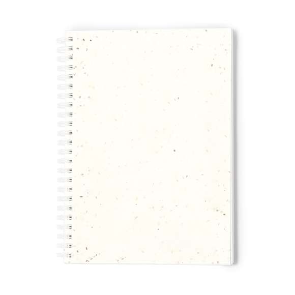 Libreta de anillas con tapas blandas fabricadas en papel de semilla. Con 80 hojas blancas lisas. Las cubiertas incluyen semillas de petunia, convirtiéndolo en papel plantable al final de su vida útil. Incluye instrucciones de plantado en la cubierta trasera y se presenta en una bolsa individual de papel reciclado.