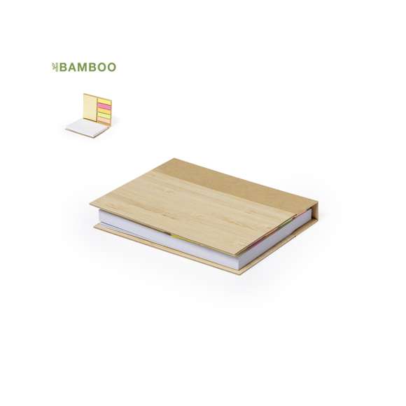 Bloc de notas de 70 hojas con tapas rígidas de bambú. Interior con 25 notas adhesivas 7,5x5cm y 125 mininotas adhesivas de 4,5x1,2cm en 5 colores diferentes. Presentado en bolsa de papel individual.Materiales como el bambú fomentan la utilización de materias primas naturales, reduciendo las emisiones contaminantes. Proviene de una planta de gran resistencia y versatilidad, con crecimiento y regeneración rápidos, siendo una excelente alternativa al uso de madera tradicional.