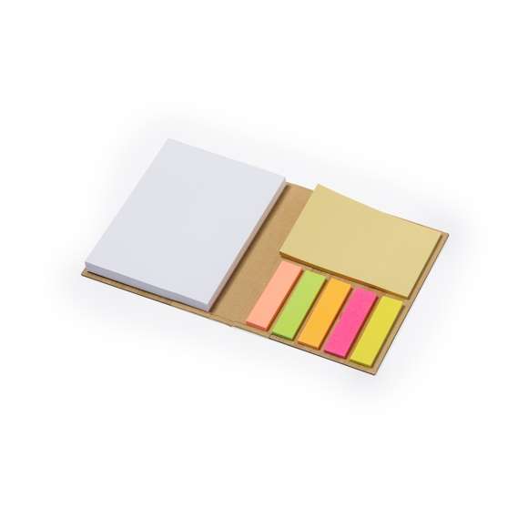 Bloc de notas de 70 hojas con tapas rígidas de bambú. Interior con 25 notas adhesivas 7,5x5cm y 125 mininotas adhesivas de 4,5x1,2cm en 5 colores diferentes. Presentado en bolsa de papel individual.Materiales como el bambú fomentan la utilización de materias primas naturales, reduciendo las emisiones contaminantes. Proviene de una planta de gran resistencia y versatilidad, con crecimiento y regeneración rápidos, siendo una excelente alternativa al uso de madera tradicional.