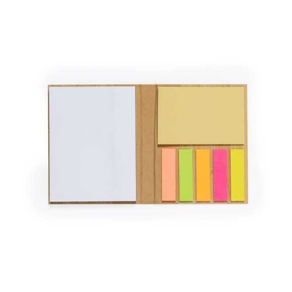 Bloc de notas de 70 hojas con tapas rígidas de bambú. Interior con 25 notas adhesivas 7,5x5cm y 125 mininotas adhesivas de 4,5x1,2cm en 5 colores diferentes. Presentado en bolsa de papel individual.Materiales como el bambú fomentan la utilización de materias primas naturales, reduciendo las emisiones contaminantes. Proviene de una planta de gran resistencia y versatilidad, con crecimiento y regeneración rápidos, siendo una excelente alternativa al uso de madera tradicional.