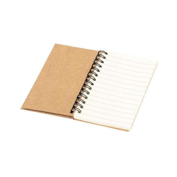 Bloc de notas con anillas y tapas blandas elaborado en cartón reciclado. Incluye 70 hojas blancas de disposición a una raya, 25 notas adhesivas de 4,5x5cm y 125 mininotas adhesivas de 1,5x5cm en variados colores. Presentado individualmente en bolsa de papel.El cartón reciclado proviene del reaprovechamiento de excedente de fabricaciones y reciclaje de papel en el final de su vida útil, convirtiéndose en un lienzo ecológico y sostenible.
