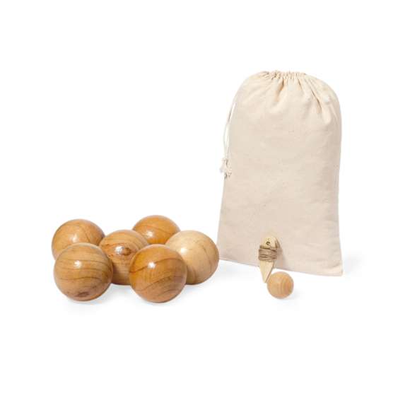 Juego de petanca fabricado en madera. De inspiración artesanal, incluye 6 bolas, un boliche y cuerda de medición. Presentado en una práctica funda de transporte fabricada en algodón de acabado natural y con cierre de cordón.