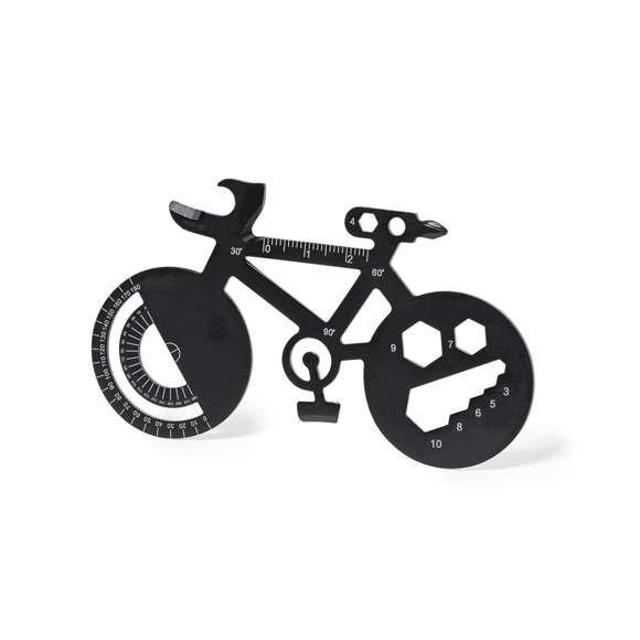 Original y práctica multiherramienta en acero inox con forma de bicicleta. Con 16 funciones, entre otras: destornillador de punta plana y philips, llave para tuercas hexagonales en varios tamaños, regla, transportador de ángulos y abrebotellas. Presentada en bolsa de papel reciclada.