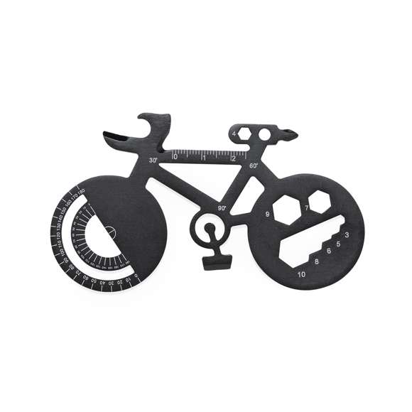 Original y práctica multiherramienta en acero inox con forma de bicicleta. Con 16 funciones, entre otras: destornillador de punta plana y philips, llave para tuercas hexagonales en varios tamaños, regla, transportador de ángulos y abrebotellas. Presentada en bolsa de papel reciclada.
