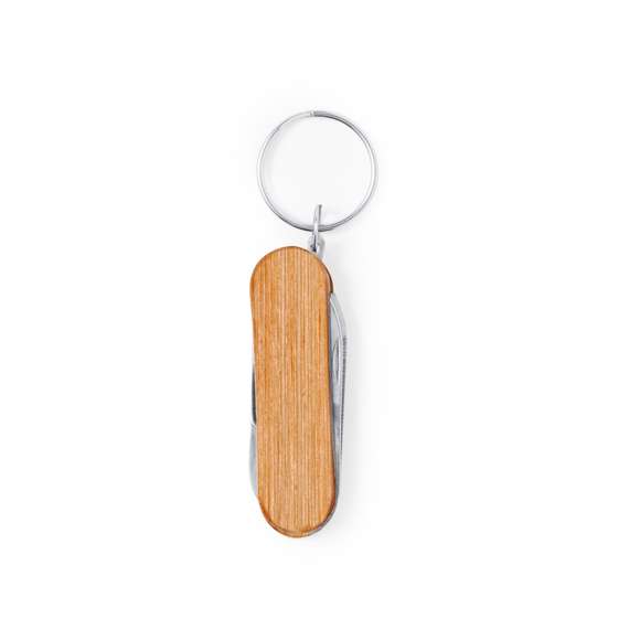 Práctico llavero multiherramienta, con accesorios fabricados en resistente acero inox y carcasa en madera natural. Con 3 funciones: tijeras, cuchillo y lima. Presentado en caja individual de diseño kraft.