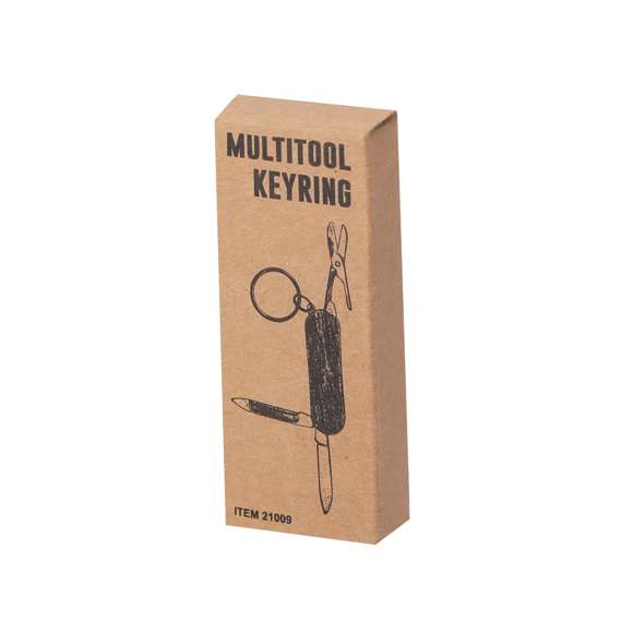 Práctico llavero multiherramienta, con accesorios fabricados en resistente acero inox y carcasa en madera natural. Con 3 funciones: tijeras, cuchillo y lima. Presentado en caja individual de diseño kraft.