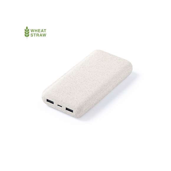 Batería auxiliar externa de 20.000 mAh fabricada en caña de trigo. 2 salidas USB, con conexión Tipo C dual de entrada y salida e indicador LED de estado de carga. Presentado en caja individual de diseño kraft, con manual de instrucciones en español e inglés.Entrada/Salida USB C: 5-12V DC 3-1.5V, PD18WSalidas USB: 5-12V DC 4.5-1.5A, 22.5WLa caña de trigo fomenta la utilización de materias primas naturales, reduciendo así las emisiones contaminantes.Las capacidades mostradas en todas nuestras baterías auxiliares externas son reales, incorporando todas ellas baterías de grado A y no recicladas, con una vida útil de al menos 500 ciclos de carga y según normativa CE.Además, están fabricadas conforme a los estándares RoHS y en cumplimiento con los siguientes requisitos de seguridad:Sistema de protección contra sobrecarga del power bank.Sistema de protección contra descarga completa que proporciona una mayor durabilidad del power bank.Sistema de bloqueo para evitar cortocircuitos.Sistema de transferencia de carga constante, acorde con la capacidad del dispositivo de destino.
