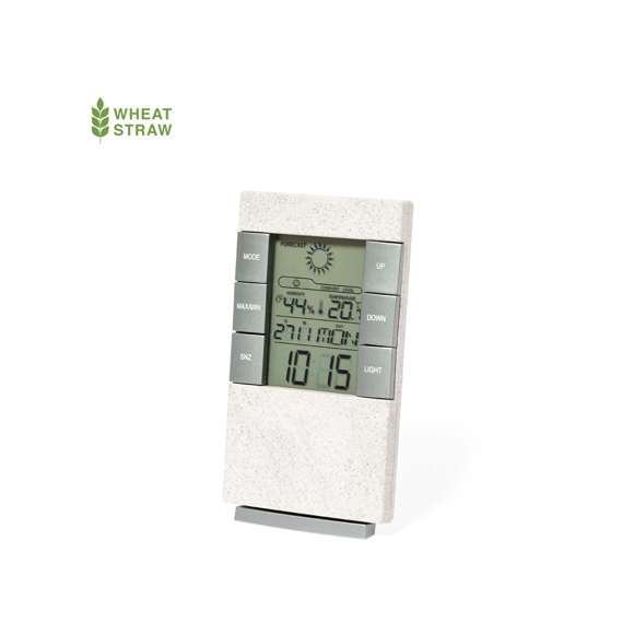 Estación meteorológica fabricada en caña de trigo, con termómetro e higrómetro. Función de hora, calendario, alarma y día de la semana, fácilmente visibles en la pantalla retroiluminada. Con base soporte y enganche para colgarlo. Alimentación a pilas (2xAAA no incluidas) y presentada en atractiva caja de diseño kraft. Disponible manual de instrucciones en español e inglés.La caña de trigo fomenta la utilización de materias primas naturales, reduciendo así las emisiones contaminantes.