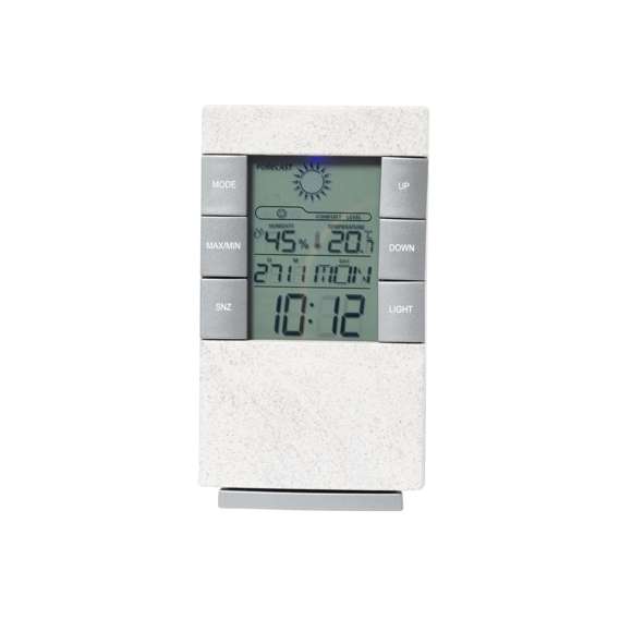 Estación meteorológica fabricada en caña de trigo, con termómetro e higrómetro. Función de hora, calendario, alarma y día de la semana, fácilmente visibles en la pantalla retroiluminada. Con base soporte y enganche para colgarlo. Alimentación a pilas (2xAAA no incluidas) y presentada en atractiva caja de diseño kraft. Disponible manual de instrucciones en español e inglés.La caña de trigo fomenta la utilización de materias primas naturales, reduciendo así las emisiones contaminantes.