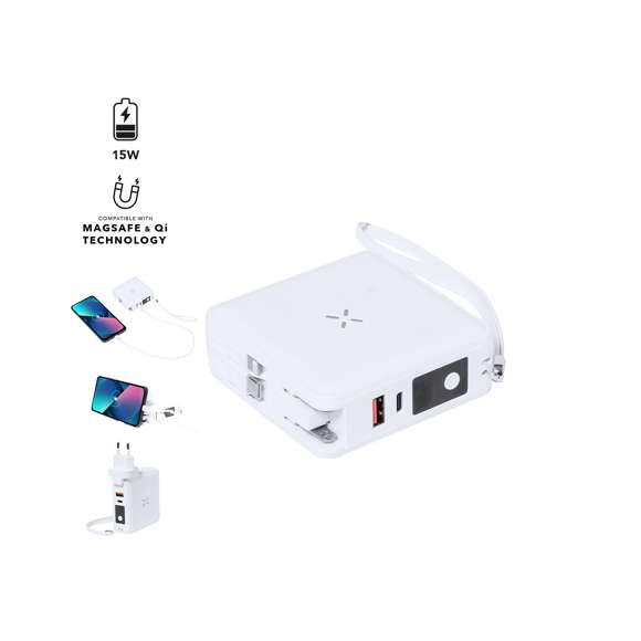Adaptador viaje inalámbrico, multifunción y multisalida con powerbank integrado de 10.000 mAh de capacidad de carga. De elegante diseño en color blanco y amplia superficie de marcaje. Función de carga inalámbrica con tecnología magsafe, conexión dual de entrada y salida de corriente Tipo C y salidas USB. Con dos cables de salida integrados con conectores Tipo C y 2 en 1 (Micro USB y Lightning). Simultaneidad de uso para todas las funciones, con adaptadores de enchufe de pared para USA, Europa, Asia, Reino Unido y Australia. Presentado en atractiva caja de diseño kraft. Disponible manual de instrucciones en español e inglés.Las capacidades mostradas en todas nuestras baterías auxiliares externas son reales, incorporando todas ellas baterías de grado A y no recicladas, con una vida útil de al menos 500 ciclos de carga y según normativa CE.Además, están fabricadas conforme a los estándares RoHS y en cumplimiento con los siguientes requisitos de seguridad:Sistema de protección contra sobrecarga del power bank.Sistema de protección contra descarga completa que proporciona una mayor durabilidad del power bank.Sistema de bloqueo para evitar cortocircuitos.Sistema de transferencia de carga constante, acorde con la capacidad del dispositivo de destino.