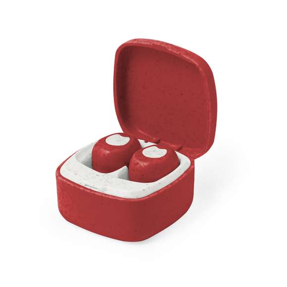 Auriculares intraurales fabricados en caña de trigo, con conexión Bluetooth 5.0. De diseño ergonómico, incluyen botón de control táctil integrado en el auricular, cada uno con una batería de 30 mAh. Base de carga a juego con batería de 200mAh y luz LED de estado de carga. Función manos libres y recargables, con cable Tipo C incluido. Presentados en estuche individual de lujo con tapa de bisagra y en caja de diseño kraft. Disponibles en variada gama de colores, combinando la caña de trigo en color natural con originales tonos. Incluido manual de instrucciones en español e inglés.La caña de trigo fomenta la utilización de materias primas naturales, reduciendo así las emisiones contaminantes.Fabricados conforme a los estándares RoHS y en cumplimiento con los siguientes requisitos de seguridad:Sistema de protección contra sobrecalentamiento.Sistema de protección contra sobrecarga.Sistema de bloqueo para evitar cortocircuitos.