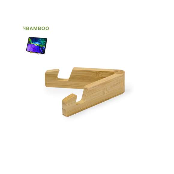 Soporte plegable para dispositivo móvil fabricado en resistente bambú. Con patas ajustables y presentado individualmente en bolsa de papel reciclado. Materiales como el bambú fomentan la utilización de materias primas naturales, reduciendo las emisiones contaminantes. Proviene de una planta de gran resistencia y versatilidad, con crecimiento y regeneración rápidos, siendo una excelente alternativa al uso de madera tradicional.