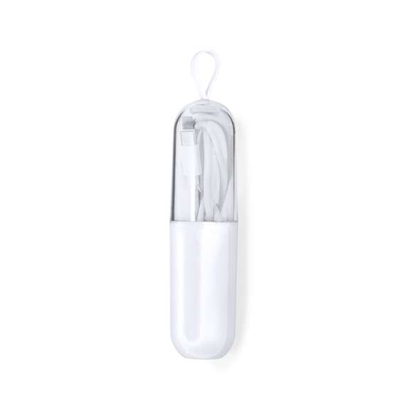 Cable cargador con conexión dual Tipo C. De 65W de potencia y apto para transferir datos. 100cm de longitud, con conectores de aluminio y presentado en atractivo estuche con una parte transparente y otra opaca. Con asa de transporte y presentado individualmente en bolsa reciclada.