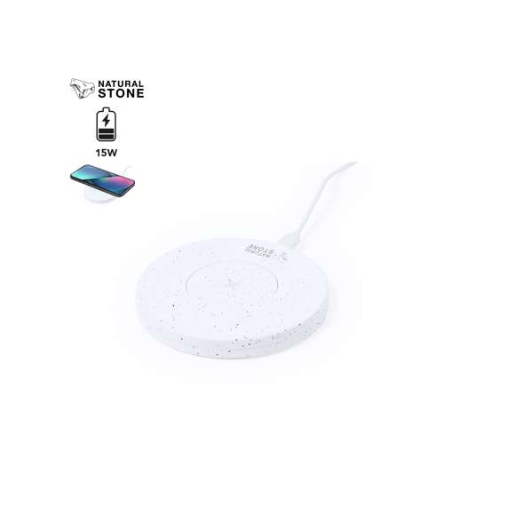 Cargador inalámbrico circular 15W, fabricado a partir de extractos de piedra natural en combinación con resistente ABS. Base antideslizante e indicador LED de estado de carga. Cable Tipo C incluido y compatible con smartphones con tecnología de carga inalámbrica. Presentado en atractiva caja de diseño kraft.Fabricado con extractos de piedra natural, ayudando a la reducción del uso de plásticos, además de proporcionar un acabado suave y resistente.Fabricado conforme a los estándares RoHS y en cumplimiento con los siguientes requisitos de seguridad:Sistema de protección contra sobrecalentamiento.Sistema de protección contra sobrecarga.Sistema de bloqueo para evitar cortocircuitos.