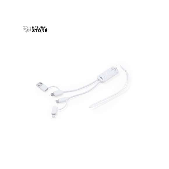 Cable cargador fabricado a partir de extractos de piedra natural en combinación con resistente ABS. Con conexiones de entrada Tipo C/USB y salidas Tipo C, Lightning y Micro USB. 5V DC 2.4A. Presentado en caja individual de diseño kraft.Fabricado con extractos de piedra natural, ayudando a la reducción del uso de plásticos, además de proporcionar un acabado suave y resistente.