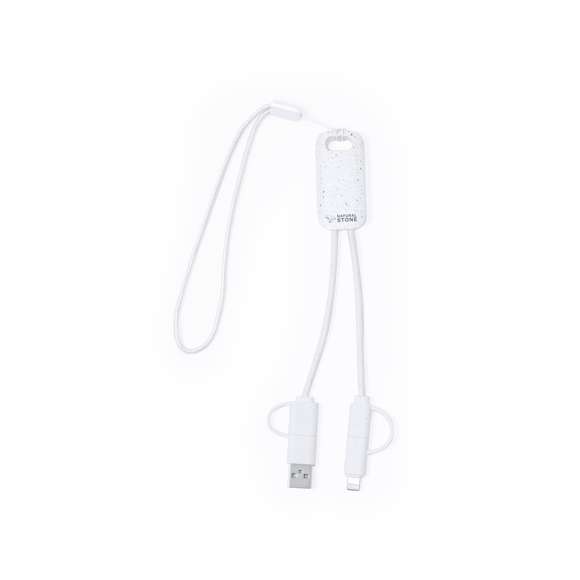 Cable cargador fabricado a partir de extractos de piedra natural en combinación con resistente ABS. Con conexiones de entrada Tipo C/USB y salidas Tipo C, Lightning y Micro USB. 5V DC 2.4A. Presentado en caja individual de diseño kraft.Fabricado con extractos de piedra natural, ayudando a la reducción del uso de plásticos, además de proporcionar un acabado suave y resistente.