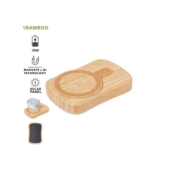 Batería auxiliar externa de recarga solar fabricada en bambú. Con 5.000 mAh de capacidad de cargada y cargador inalámbrico integrado de 15W. Salida y entradas Tipo C -cable incluido-, e indicador de estado de carga. Compatible con dispositivos equipados con tecnología de carga inalámbrica. Con panel solar integrado en un lado del dispositivo y amplia superficie de marcaje. Presentado en atractiva caja de diseño eco. Las capacidades mostradas en todas nuestras baterías auxiliares externas son reales, incorporando todas ellas baterías de grado A y no recicladas, con una vida útil de al menos 500 ciclos de carga y según normativa CE.Además, están fabricadas conforme a los estándares RoHS y en cumplimiento con los siguientes requisitos de seguridad:Sistema de protección contra sobrecarga del power bank.Sistema de protección contra descarga completa que proporciona una mayor durabilidad del power bank.Sistema de bloqueo para evitar cortocircuitos.Sistema de transferencia de carga constante, acorde con la capacidad del dispositivo de destino.