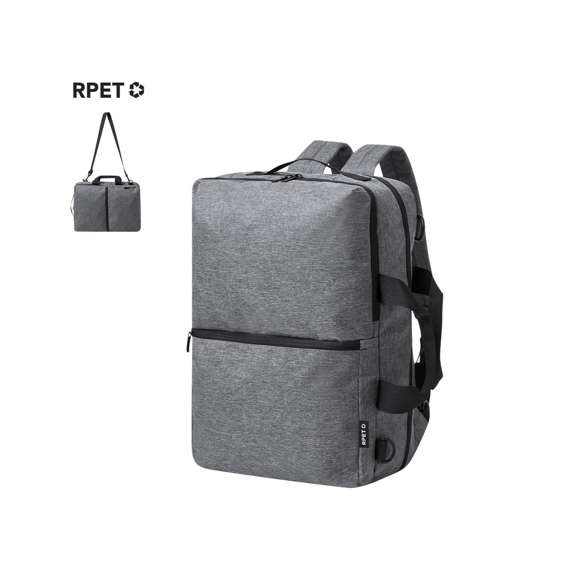 Mochila portadocumentos confeccionada en resistente 600D RPET. Presenta un diseño urbano que incorpora un bolsillo central con cierre de cremallera, y doble tirador. Con interior acolchado para portátil de hasta 15 pulgadas, bolsillo adicional con cierre de doble cremallera y bolsillo frontal. Sus cintas de hombros y la espalda están acolchadas y son ajustables para mayor comodidad. Ofrece tres modalidades de transporte: como mochila, gracias a las tiras de hombros colchadas; como portadocumentos, gracias a su asa de transporte acolgada; y como bandolera gracias a su asa larga ajustable. Está disponible en tres elegantes colores y se presenta de manera sofisticada en una bolsa individual reciclada.El material RPET se elabora a partir de plástico reciclado, para así fomentar la reutilización de residuos plásticos y ayudar a la sostenibilidad del planeta.