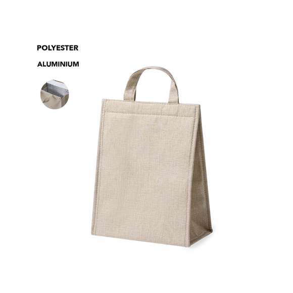 Bolsa nevera fabricada en resistente poliéster. Cierre de velcro y asas con refuerzo. Disponible en color natural.