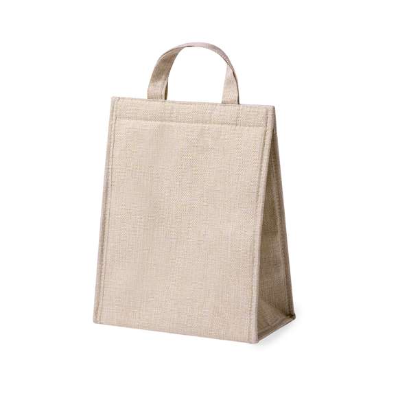 Bolsa nevera fabricada en resistente poliéster. Cierre de velcro y asas con refuerzo. Disponible en color natural.