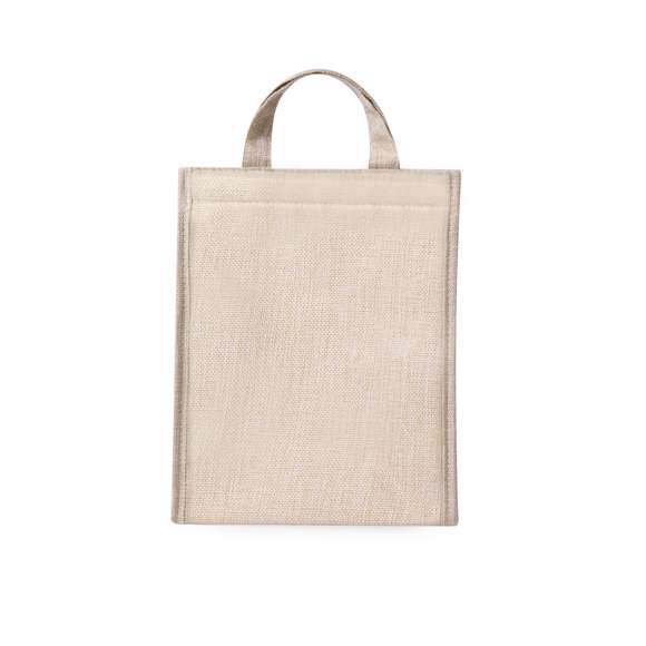 Bolsa nevera fabricada en resistente poliéster. Cierre de velcro y asas con refuerzo. Disponible en color natural.