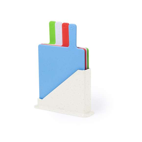 Set de tablas fabricadas en resistente PP. Incluye cuatro tablas con un soporte para un almacenamiento ordenado. Cada tabla es fácilmente identificable gracias a los dibujos grabados y los diferentes colores, para diferentes tipos de alimentos. Presentado en caja de diseño kraft.