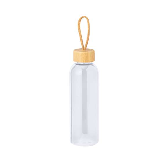 Bidón fabricado en RPET de 650 ml de capacidad, libre de BPA. Tapón a rosca en bambú, con cordón de transporte trenzado. Disponible en variada gama de colores. Presentado individualmente en bolsa de papel.