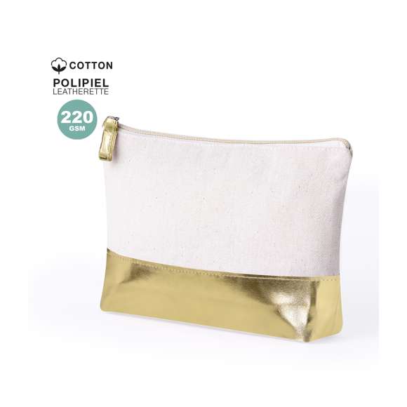 Neceser en material 100% algodón reciclado de 220 g/m2. Con cierre de cremallera a juego con la base. Disponible en color natural con base de color metalizado en polipiel.