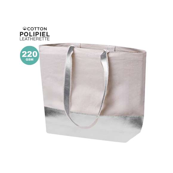 Bolsa en material 100% algodón reciclado de 220 g/m2 en combinación con polipiel metalizada. Con fuelle y asas largas de 70cm, disponibles en dorado, plateado y oro rosa, con base a juego. Resistencia hasta 8 kg de peso.