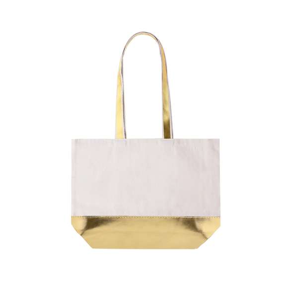 Bolsa en material 100% algodón reciclado de 220 g/m2 en combinación con polipiel metalizada. Con fuelle y asas largas de 70cm, disponibles en dorado, plateado y oro rosa, con base a juego. Resistencia hasta 8 kg de peso.