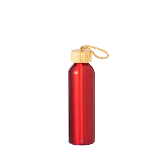 Bidón en Aluminio Reciclado de 600 ml de capacidad. De originales y variados colores pastel metalizados. Tapón a rosca en bambú con cordón de transporte trenzado. Presentado en una caja de diseño kraft.