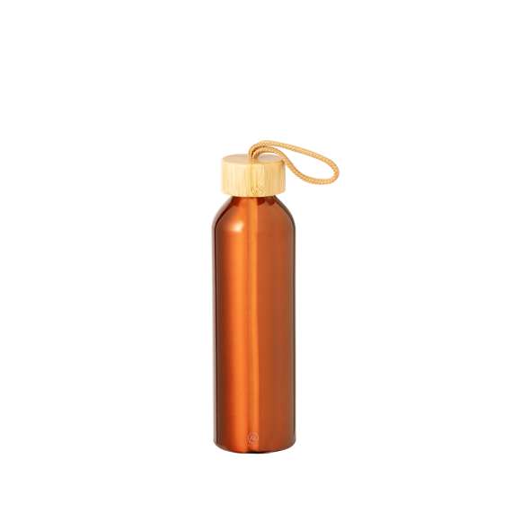 Bidón en Aluminio Reciclado de 600 ml de capacidad. De originales y variados colores pastel metalizados. Tapón a rosca en bambú con cordón de transporte trenzado. Presentado en una caja de diseño kraft.