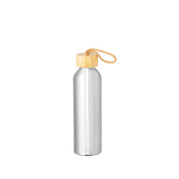 Bidón en Aluminio Reciclado de 600 ml de capacidad. De originales y variados colores pastel metalizados. Tapón a rosca en bambú con cordón de transporte trenzado. Presentado en una caja de diseño kraft.