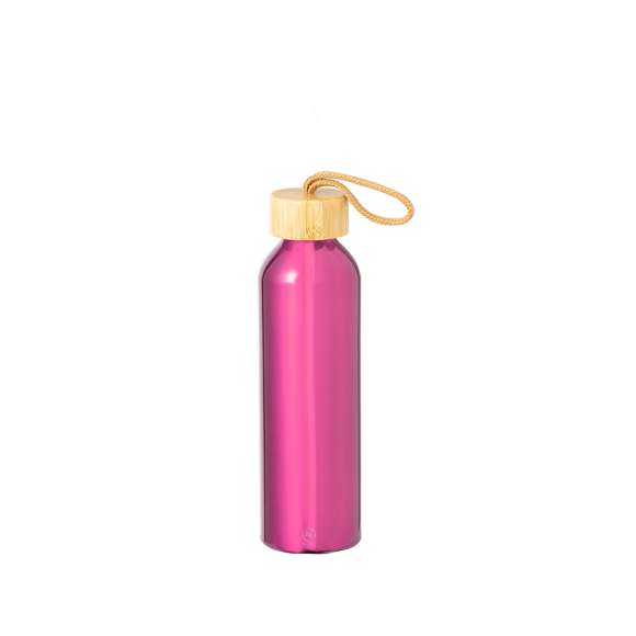 Bidón en Aluminio Reciclado de 600 ml de capacidad. De originales y variados colores pastel metalizados. Tapón a rosca en bambú con cordón de transporte trenzado. Presentado en una caja de diseño kraft.