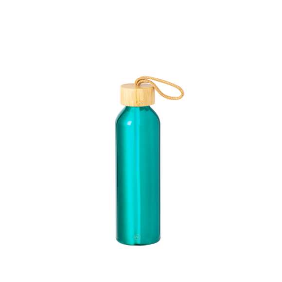 Bidón en Aluminio Reciclado de 600 ml de capacidad. De originales y variados colores pastel metalizados. Tapón a rosca en bambú con cordón de transporte trenzado. Presentado en una caja de diseño kraft.