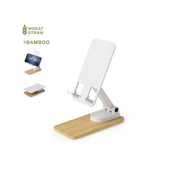 Soporte plegable para smartphones y tablets, fabricado en caña de trigo y con base en resistente bambú. Regulable en altura, con almohadillas de goma antideslizantes en base y soporte. Amplia superficie de marcaje, especialmente indicado para impresión en tampografía en el soporte y en láser en la base. Materiales como el bambú fomentan la utilización de materias primas naturales, reduciendo las emisiones contaminantes. Proviene de una planta de gran resistencia y versatilidad, con crecimiento y regeneración rápidos, siendo una excelente alternativa al uso de madera tradicional.La caña de trigo fomenta la utilización de materias primas naturales, reduciendo así las emisiones contaminantes.