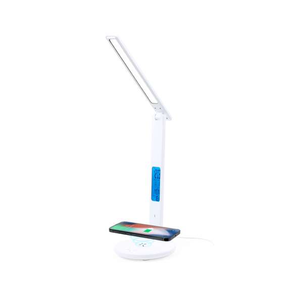 Lámpara multifunción plegable todo en uno, fabricada en resistente ABS blanco con acabado imitación piel. Provisto de 60 LEDs y 3 posiciones de iluminación (cálida, fría y media), con intensidad de luz regulable mediante el botón táctil de la base. Extensible y fácil de orientar, con pantalla de LCD integrada y retroiluminada, que marca hora, fecha, día y temperatura. Con botones de ajuste en la parte trasera y pila de botón incluida para guardar los datos. Incluye un cargador inalámbrico 10W integrado en la base, con entrada Tipo C y compatible con dispositivos móviles de carga inalámbrica. Con cable cargador Tipo C, y manual de instrucciones en español e inglés. Presentada en una atractiva caja de diseño kraft.