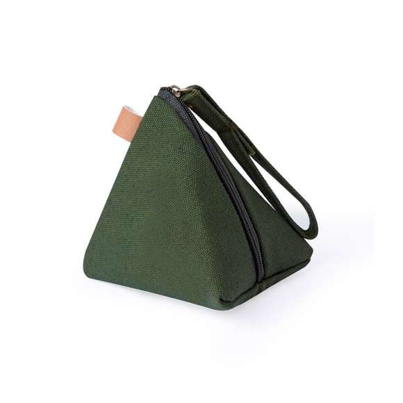 Original monedero en forma de pirámide, fabricado en resistente canvas. Bolsillo con cierre de cremallera y cinta de transporte larga. Disponible en varios colores.