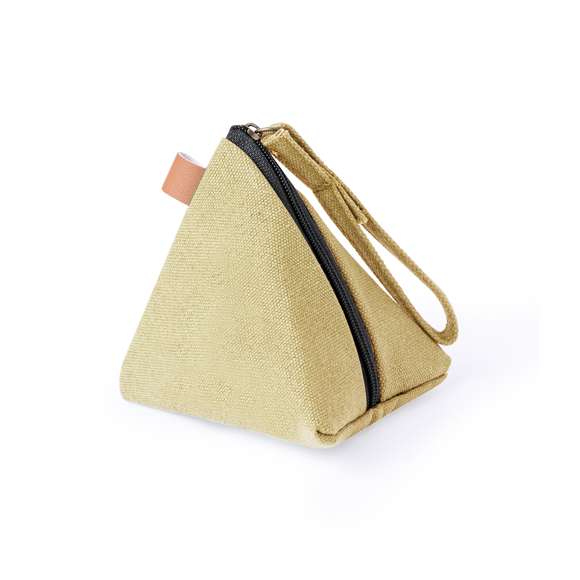 Original monedero en forma de pirámide, fabricado en resistente canvas. Bolsillo con cierre de cremallera y cinta de transporte larga. Disponible en varios colores.