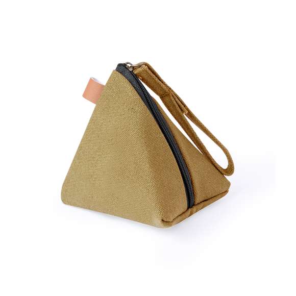 Original monedero en forma de pirámide, fabricado en resistente canvas. Bolsillo con cierre de cremallera y cinta de transporte larga. Disponible en varios colores.