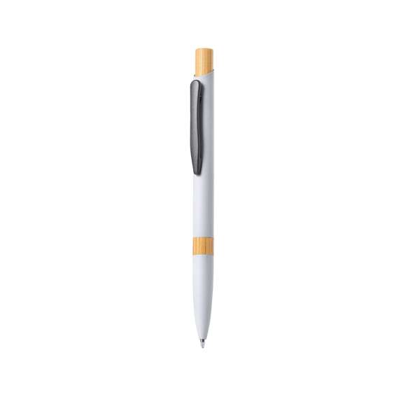 Elegante bolígrafo de aluminio con mecanismo pulsador. Cuerpo en resistente aluminio de acabado goma mate y con detalles en bambú, con caña en una amplia gama de distintivos colores. Clip metálico, de carga jumbo y en tinta azul. Presentado en bolsa individual reciclada.Materiales como el bambú fomentan la utilización de materias primas naturales, reduciendo las emisiones contaminantes. Proviene de una planta de gran resistencia y versatilidad, con crecimiento y regeneración rápidos, siendo una excelente alternativa al uso de madera tradicional.